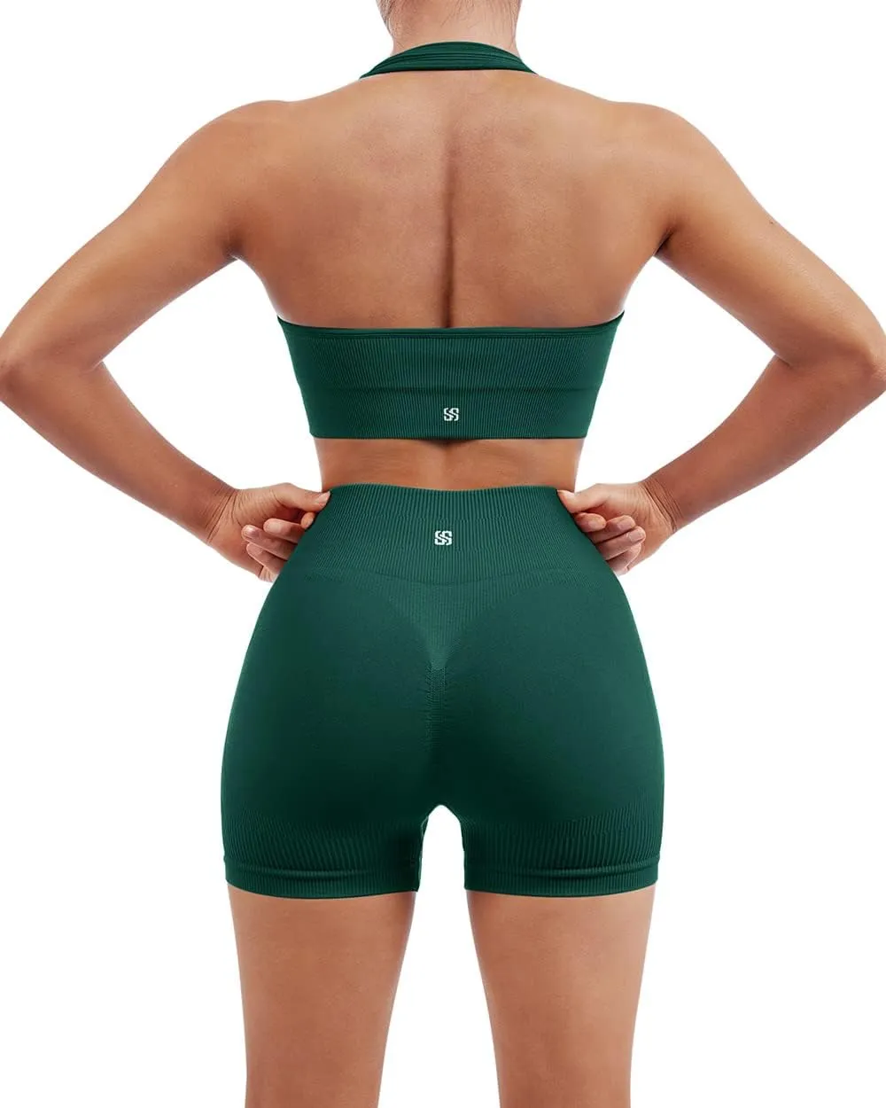 SUUKSESS Women Seamless Ribbed Workout Set Backless Sports Bra Booty Biker Short