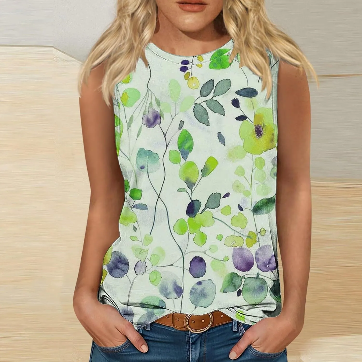 Tank Tops for Women Trendy Colorblock Printed Sleeveless Crew Neck Camisole Casual Trendy Vacation Tunic Shirts 2025