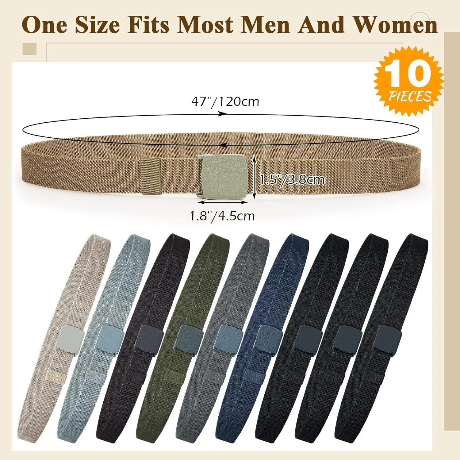 Tarpop 10 Pack Nylon Military Belts for Men Canvas Web Woven Waist Breathable Nylon Belt for Men, 47 Inch