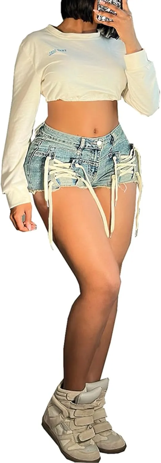 Tcremisa Womens Fashion Skinny Drawstring Denim Shorts High Waisted Y2k Lace-Up Bodycon Cargo Jean Shorts