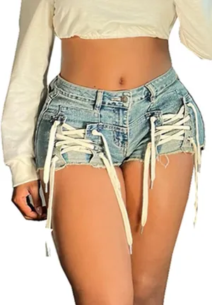 Tcremisa Womens Fashion Skinny Drawstring Denim Shorts High Waisted Y2k Lace-Up Bodycon Cargo Jean Shorts