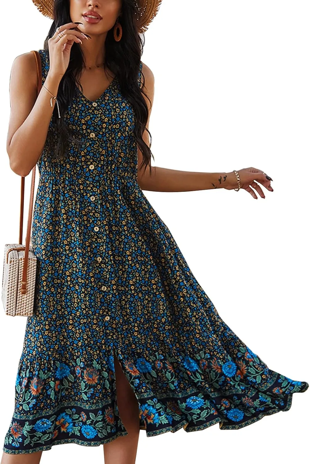 TEMOFON Women Dress Summer Sleeveless Bohemian: Floral V Neck Button Down Flowy Boho Dresses S-XL