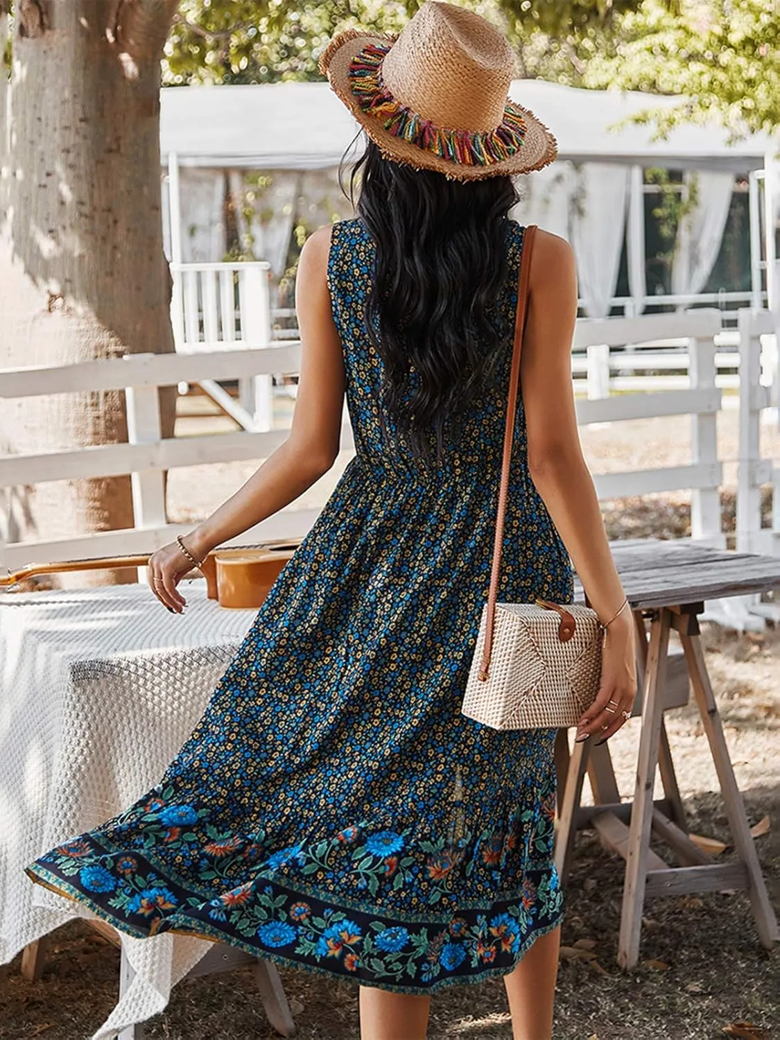 TEMOFON Women Dress Summer Sleeveless Bohemian: Floral V Neck Button Down Flowy Boho Dresses S-XL