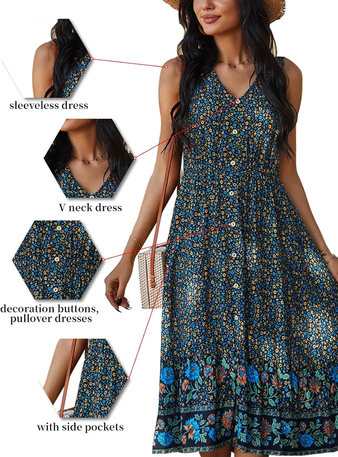 TEMOFON Women Dress Summer Sleeveless Bohemian: Floral V Neck Button Down Flowy Boho Dresses S-XL