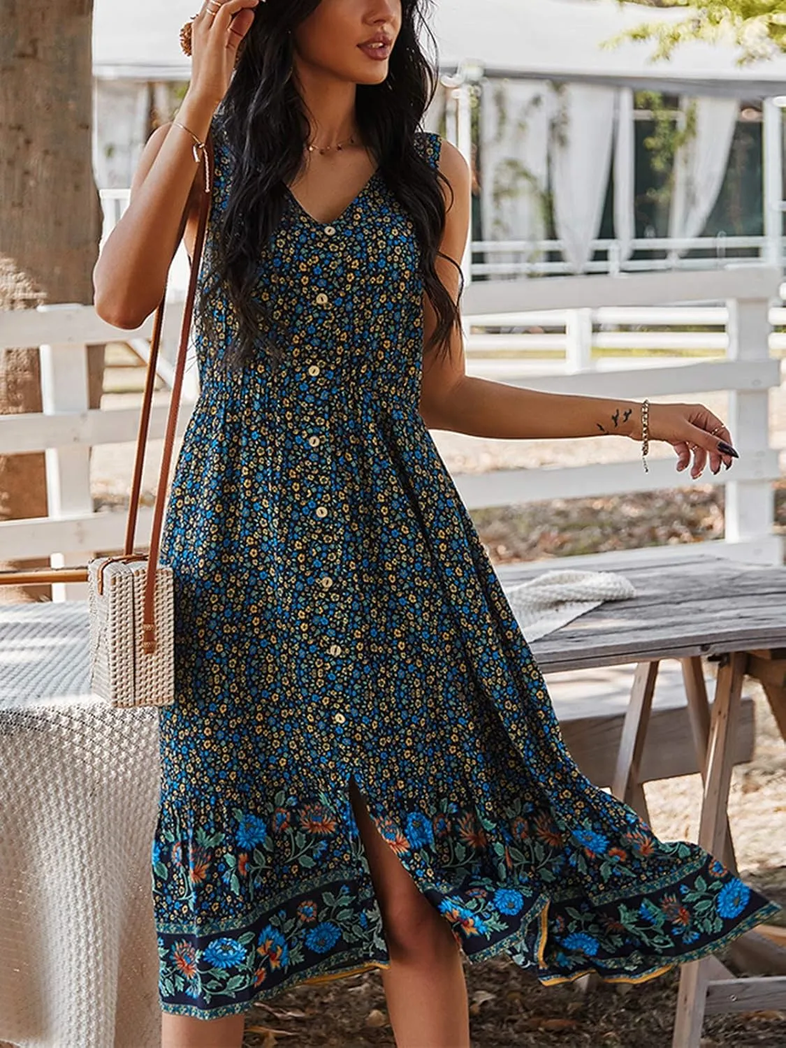 TEMOFON Women Dress Summer Sleeveless Bohemian: Floral V Neck Button Down Flowy Boho Dresses S-XL