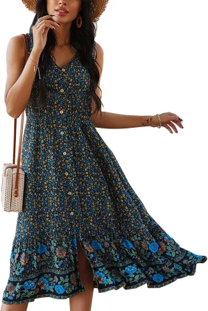 TEMOFON Women Dress Summer Sleeveless Bohemian: Floral V Neck Button Down Flowy Boho Dresses S-XL