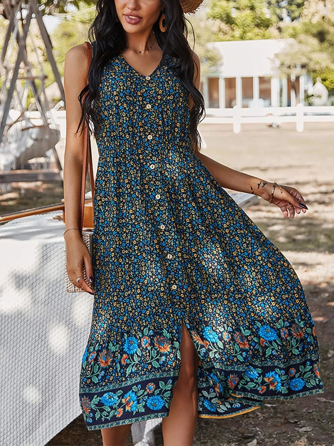 TEMOFON Women Dress Summer Sleeveless Bohemian: Floral V Neck Button Down Flowy Boho Dresses S-XL