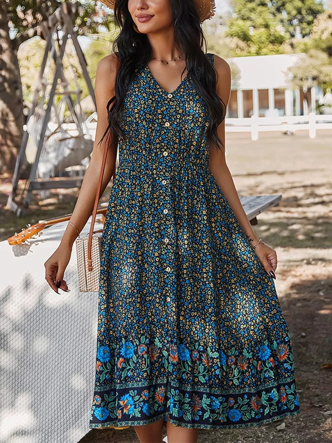 TEMOFON Women Dress Summer Sleeveless Bohemian: Floral V Neck Button Down Flowy Boho Dresses S-XL