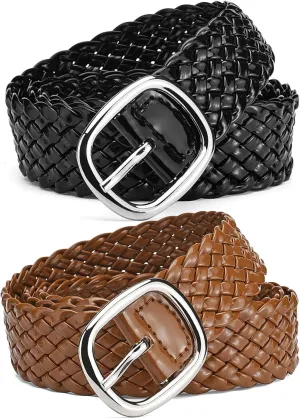 Thin Braided Belt Women 2 Pack Braided Black PU Leather Belt Woven Belts for Women Trendy Woven Belt Brown Black Womens Belts for Pants Jeans Dresses Belt Boho Belts Outfits Accessories