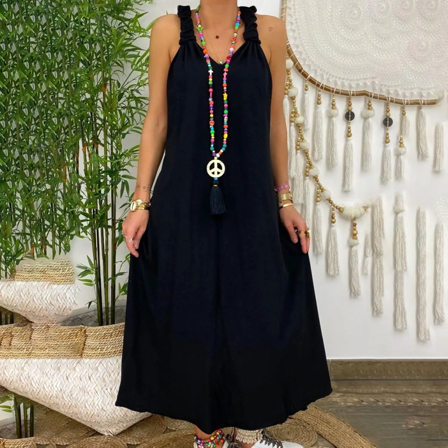 tuduoms Cotton Linen Sleeveless Maxi Dresses for Women Summer Plus Size V Neck Tank Shirt Dress Casual Loose Shift Sundress