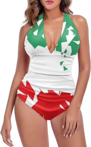 Tummy Control Push Up 1 Piece Bathing Suit Slimming V Neck Swimwear National Flag Push Up Vintage Padded Swimwear