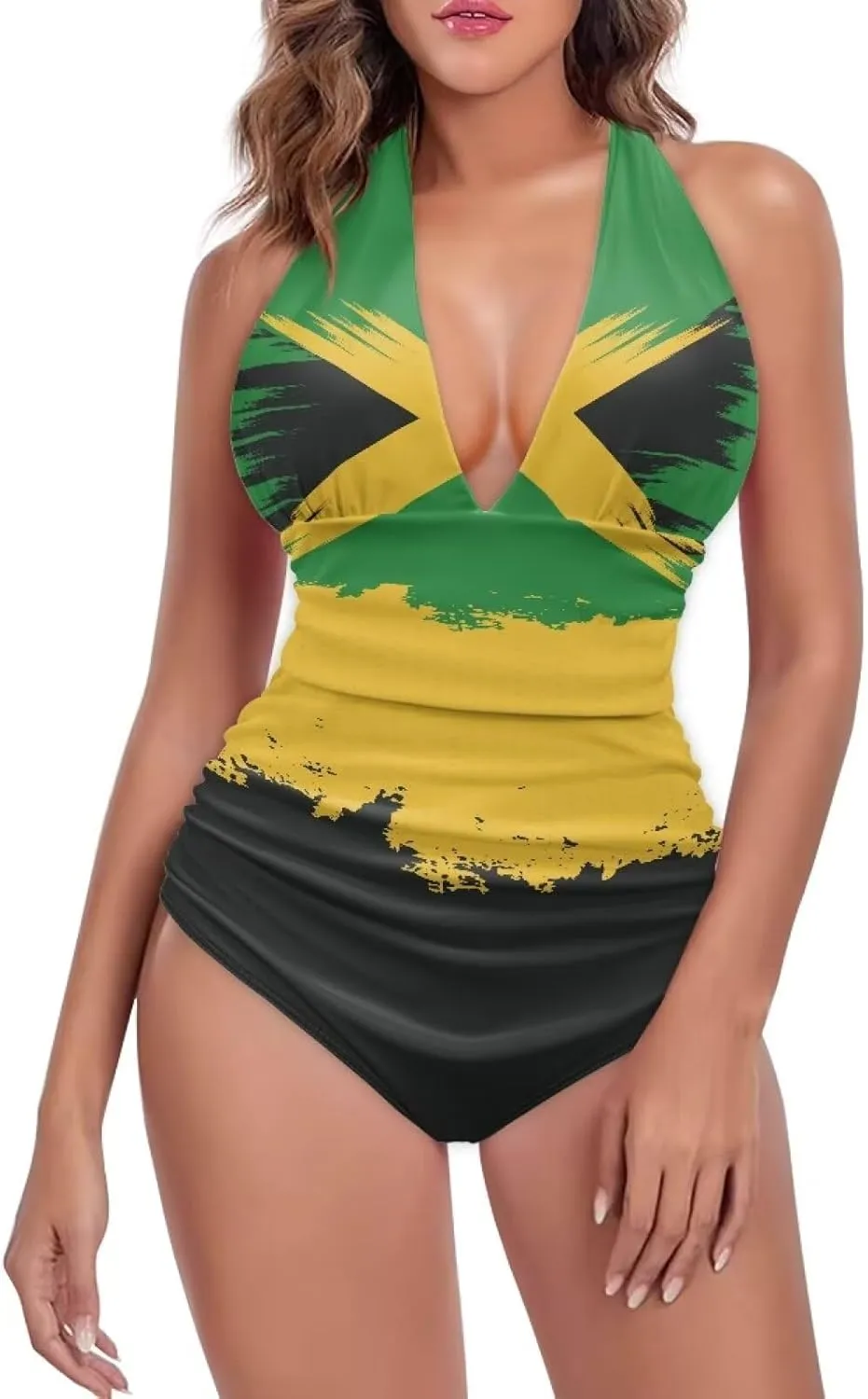 Tummy Control Push Up 1 Piece Bathing Suit Slimming V Neck Swimwear National Flag Push Up Vintage Padded Swimwear