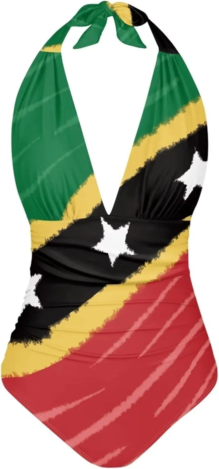 Tummy Control Push Up 1 Piece Bathing Suit Slimming V Neck Swimwear National Flag Push Up Vintage Padded Swimwear