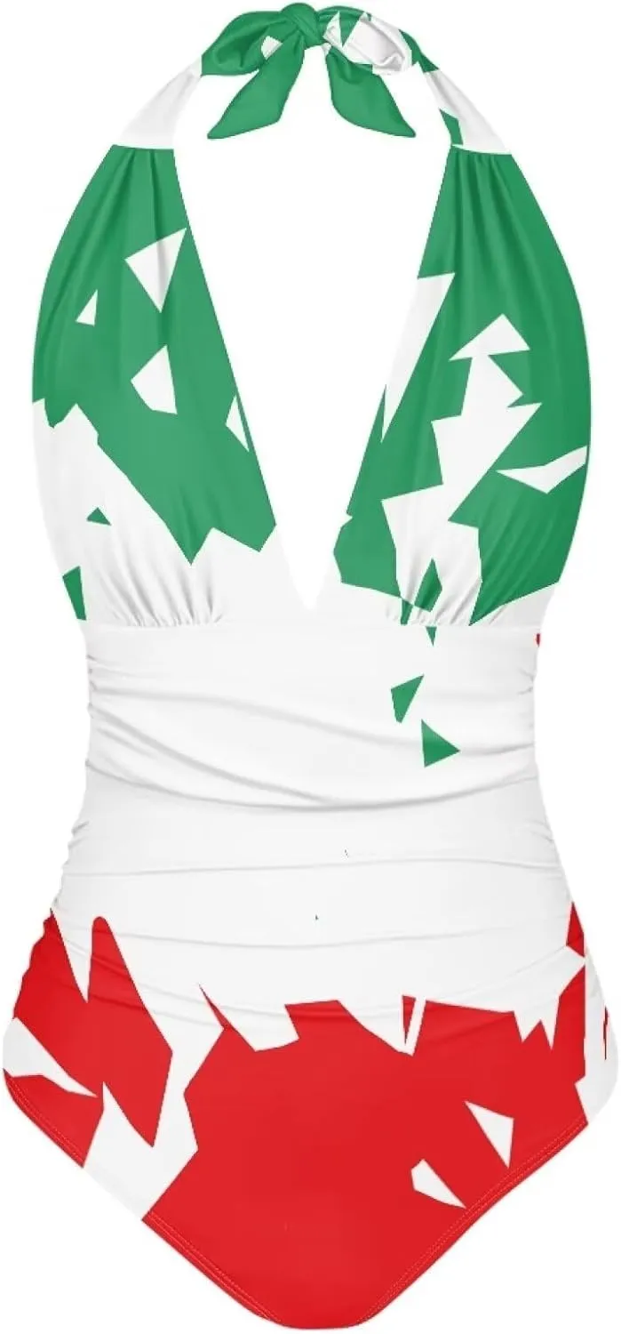 Tummy Control Push Up 1 Piece Bathing Suit Slimming V Neck Swimwear National Flag Push Up Vintage Padded Swimwear
