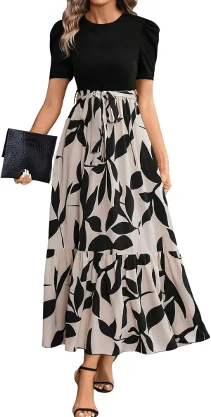 TWGONE Summer Dresses for Women Short Sleeve Casual Long Maxi Dress Floral Print Flowy Dresses with Belt