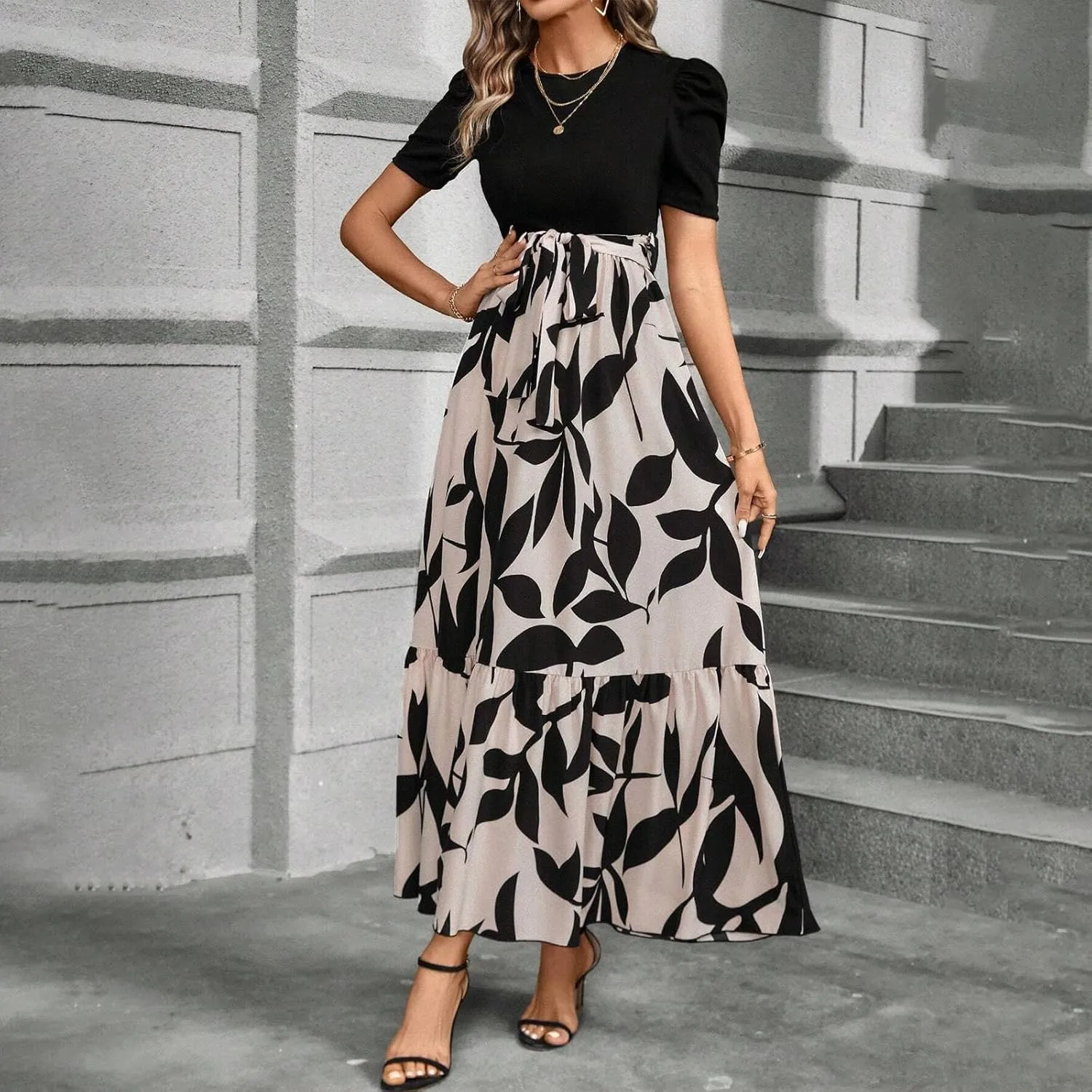 TWGONE Summer Dresses for Women Short Sleeve Casual Long Maxi Dress Floral Print Flowy Dresses with Belt
