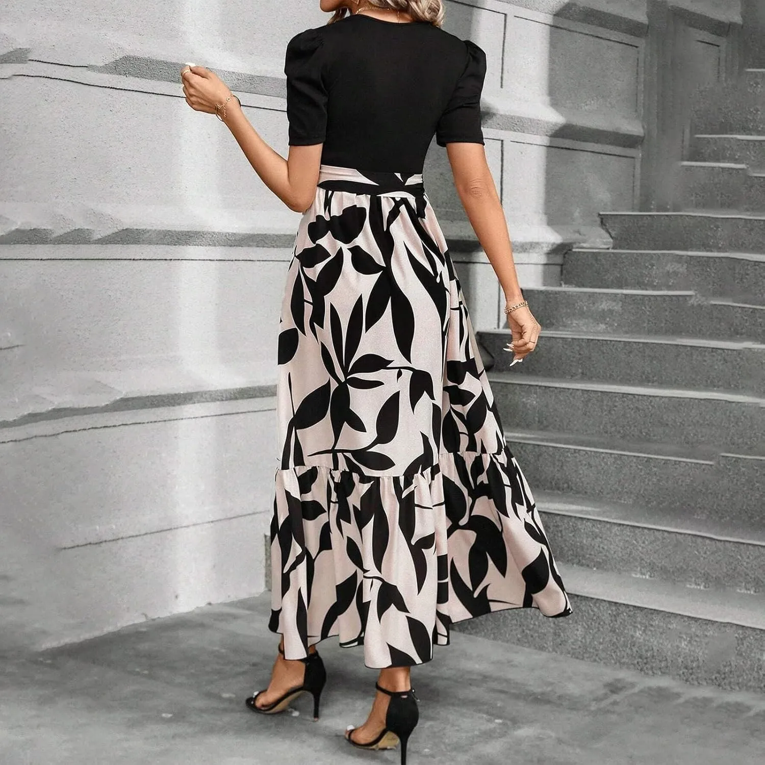 TWGONE Summer Dresses for Women Short Sleeve Casual Long Maxi Dress Floral Print Flowy Dresses with Belt