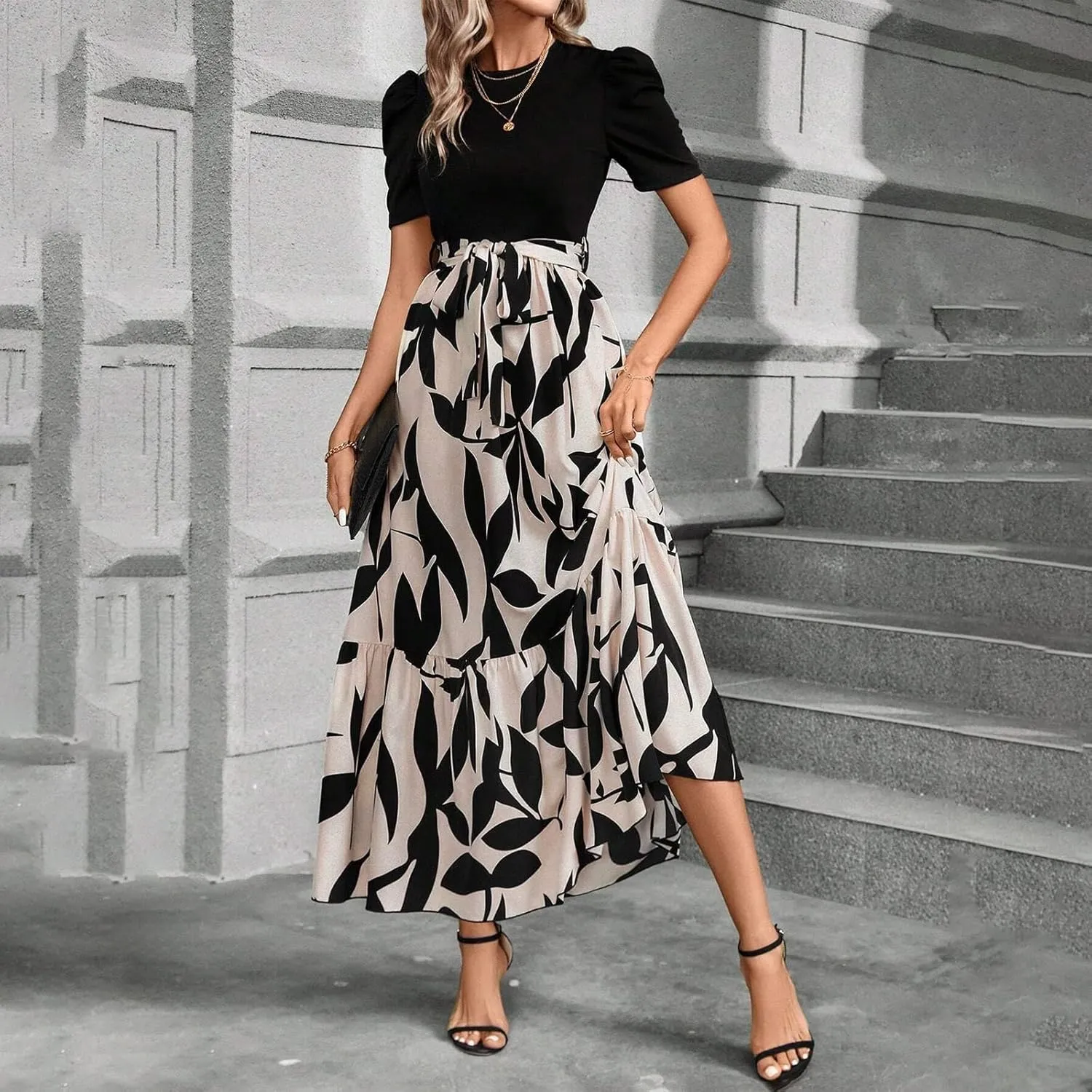TWGONE Summer Dresses for Women Short Sleeve Casual Long Maxi Dress Floral Print Flowy Dresses with Belt
