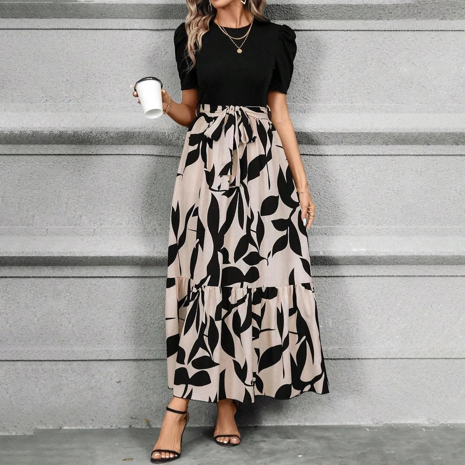 TWGONE Summer Dresses for Women Short Sleeve Casual Long Maxi Dress Floral Print Flowy Dresses with Belt