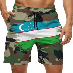 Uzbekistan Flag Hand Drawn Men's Swim Trunks Beach Board Shorts Surf Quick Dry Swimsuit Swim Shorts,