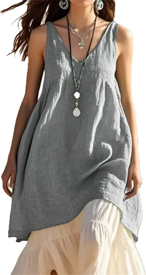 V Neck Dress for Women Casual Summer Dresses Cotton Linen A-line Dress Sleeveless Flare Long Beach Sundress Comfy