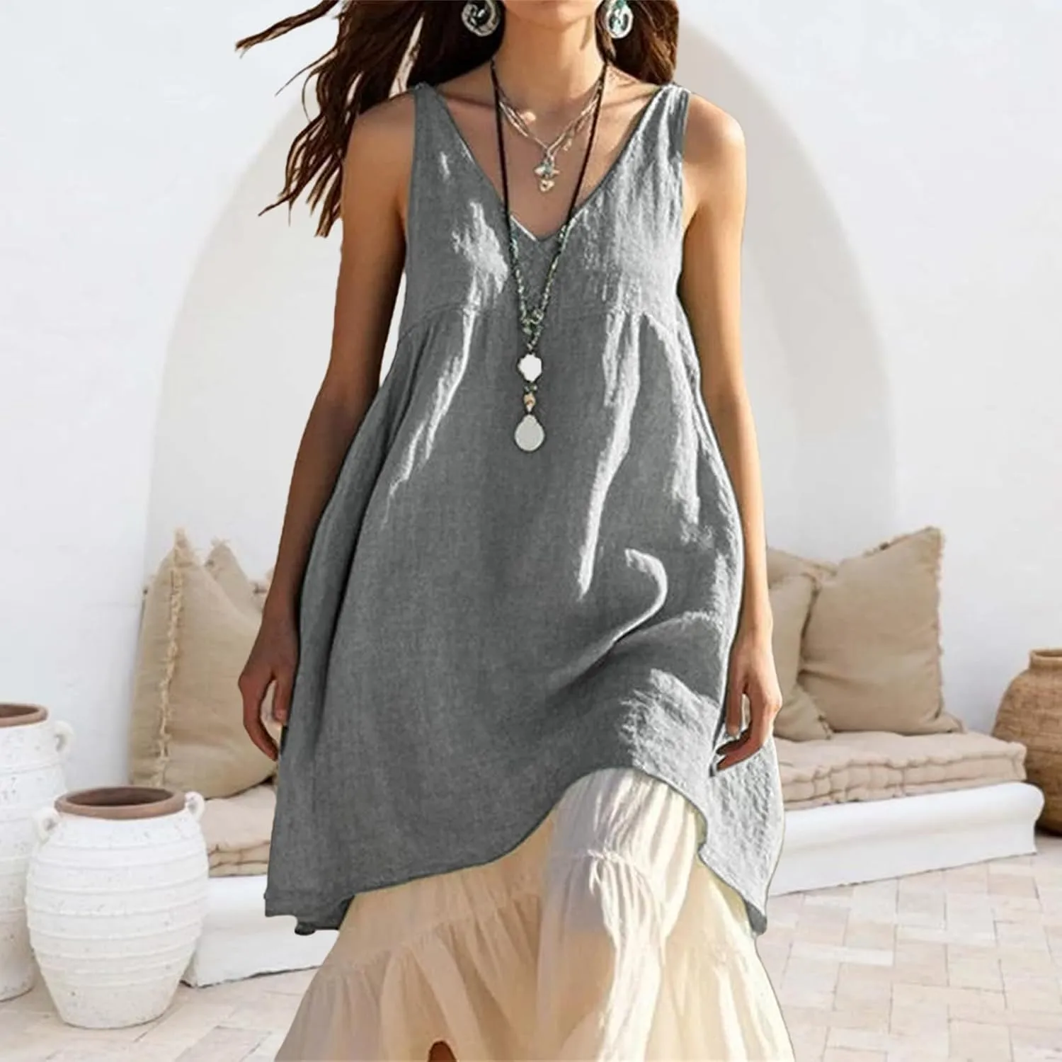 V Neck Dress for Women Casual Summer Dresses Cotton Linen A-line Dress Sleeveless Flare Long Beach Sundress Comfy
