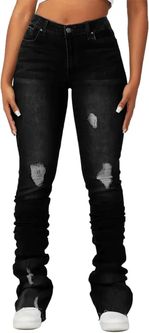 Viatabuna Women's Stacked Flared Jeans High Waisted Slim Fit Stretchy Skinny Bell Bottom Jeans Casual Trendy Denim Pants