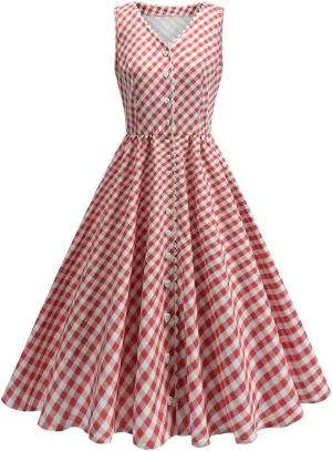 Vintage Dresses for Women Sleeveless V Neck Pleated Dress Midi Dress A Line Flowy Retro Short Dress