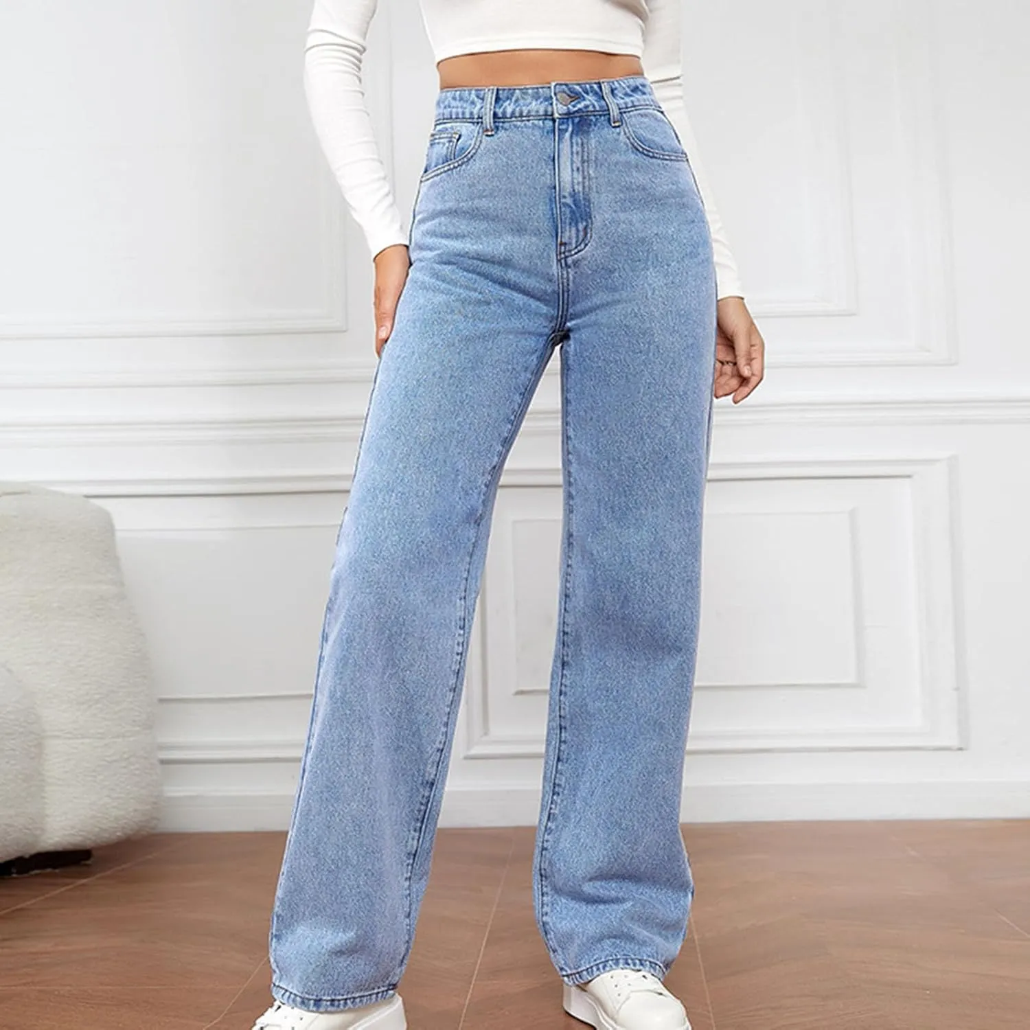 Vintage Jeans for Women Teen Girl High Waisted Slim Fit Straight Leg Baggy Boyfriend Jeans Stretch Denim Pants