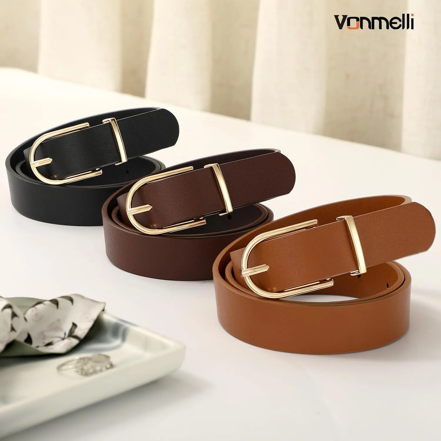 VONMELLI 3 Pack Women's Belts for Jeans Pants Fashion Gold Buckle Ladies Dress Belt