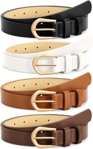 VONMELLI 4 Pack Womens Thin Leather Belt Skinny Waist Belts for Women Fashion Jeans Dress with Gold Buckle