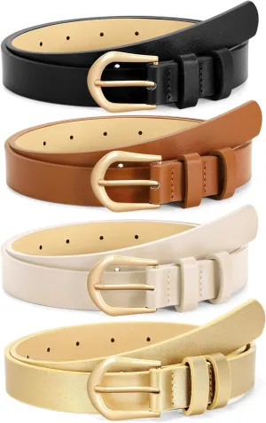 VONMELLI 4 Pack Womens Thin Leather Belt Skinny Waist Belts for Women Fashion Jeans Dress with Gold Buckle