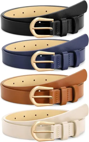 VONMELLI 4 Pack Womens Thin Leather Belt Skinny Waist Belts for Women Fashion Jeans Dress with Gold Buckle
