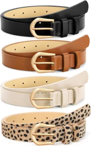 VONMELLI 4 Pack Womens Thin Leather Belt Skinny Waist Belts for Women Fashion Jeans Dress with Gold Buckle
