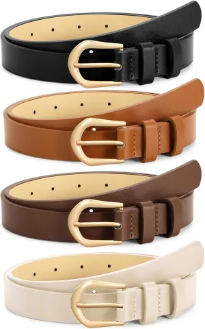 VONMELLI 4 Pack Womens Thin Leather Belt Skinny Waist Belts for Women Fashion Jeans Dress with Gold Buckle