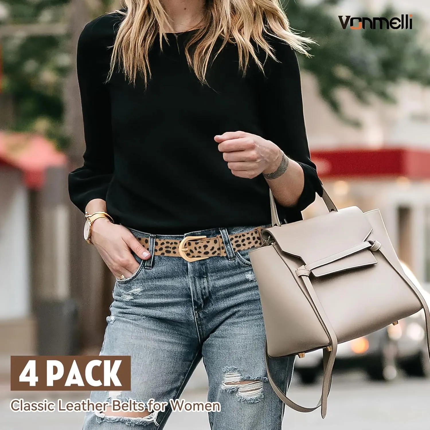 VONMELLI 4 Pack Womens Thin Leather Belt Skinny Waist Belts for Women Fashion Jeans Dress with Gold Buckle