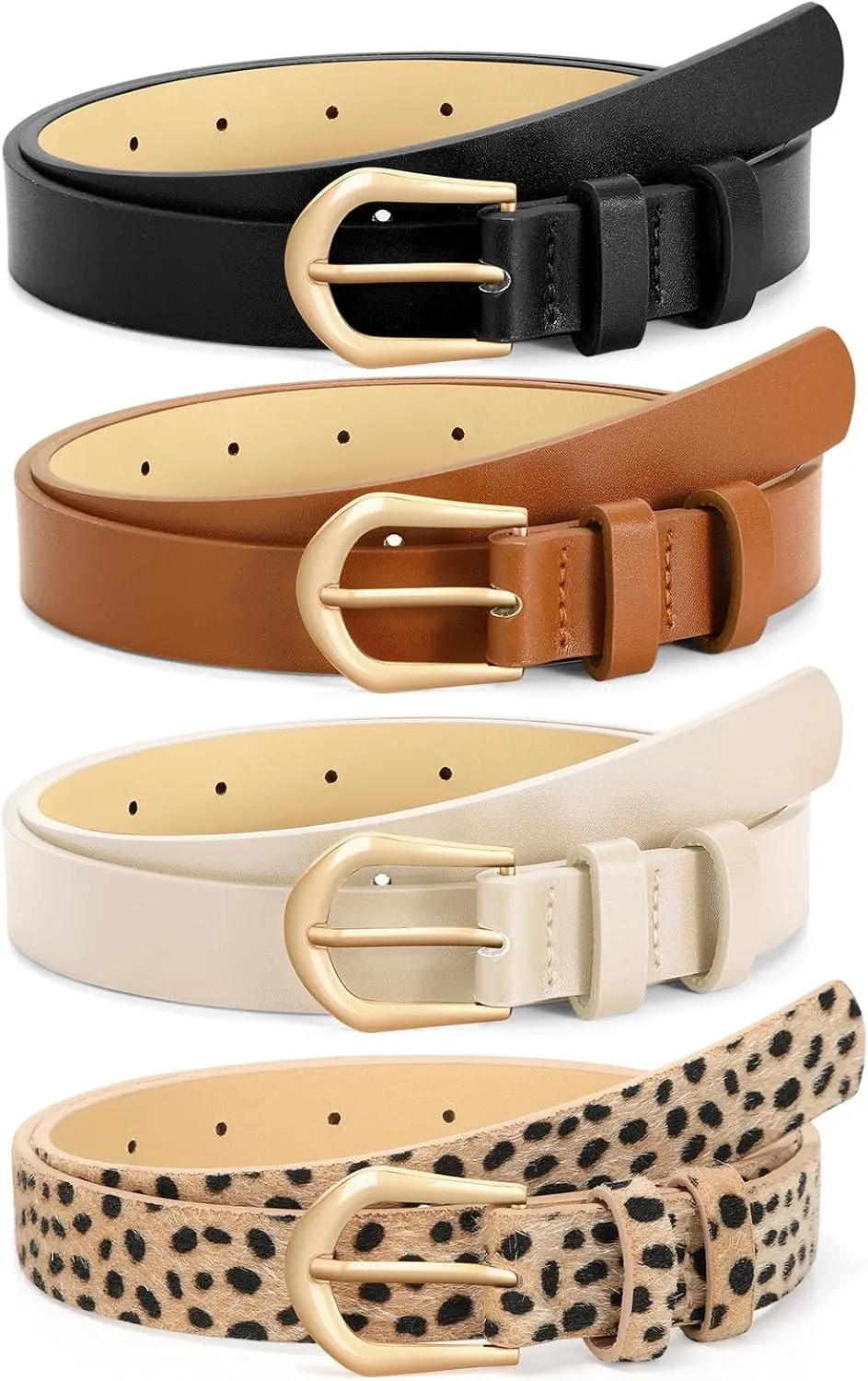 VONMELLI 4 Pack Womens Thin Leather Belt Skinny Waist Belts for Women Fashion Jeans Dress with Gold Buckle