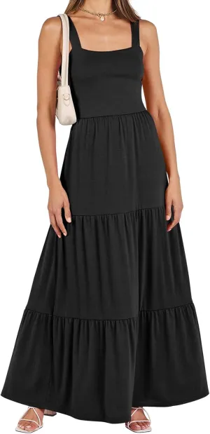 Wedding Guest Dress for Women Summer Sleeveless Tank Dress Solid Color Tiered Sundress Waist Wrop Formal Dresses