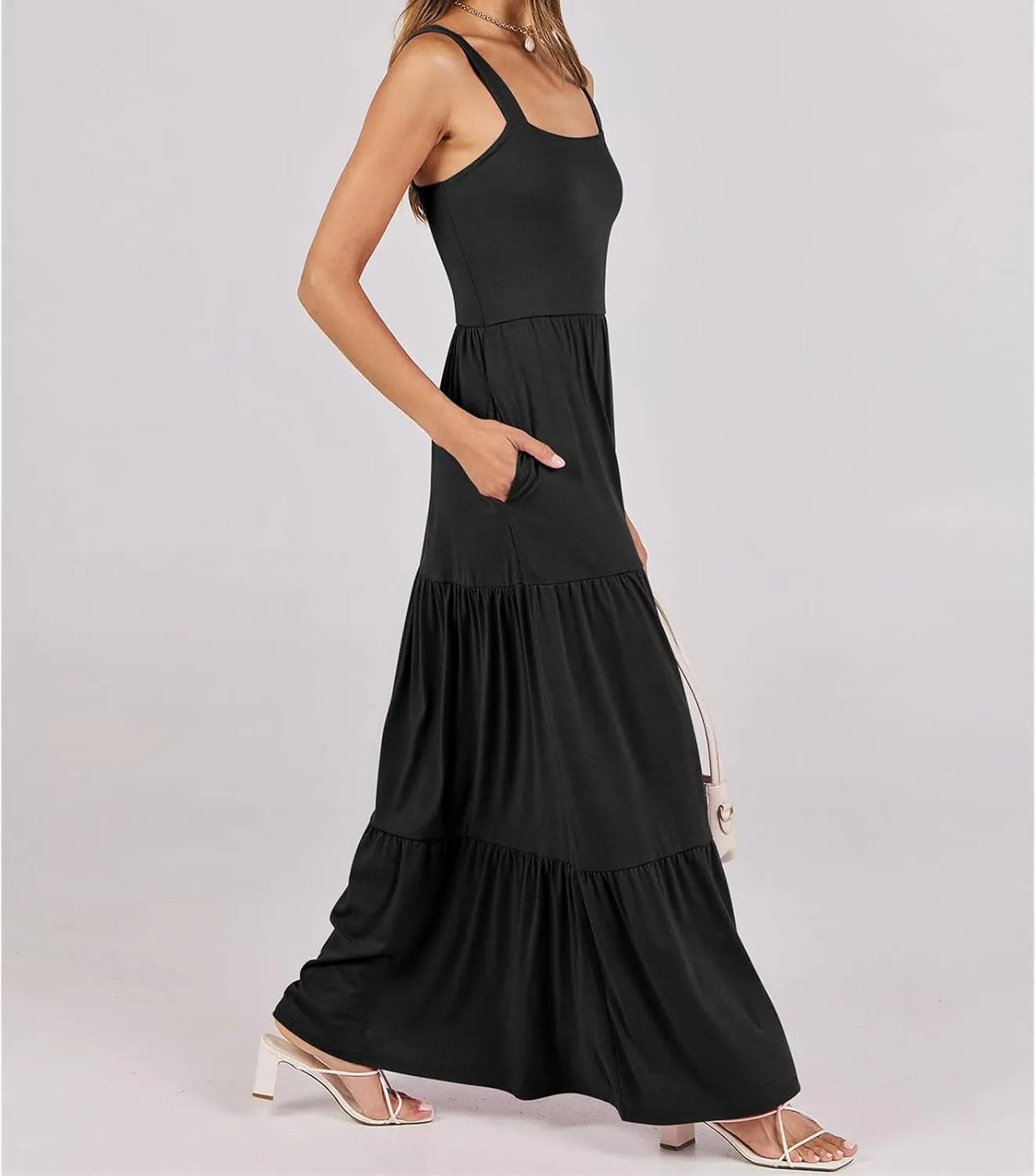 Wedding Guest Dress for Women Summer Sleeveless Tank Dress Solid Color Tiered Sundress Waist Wrop Formal Dresses