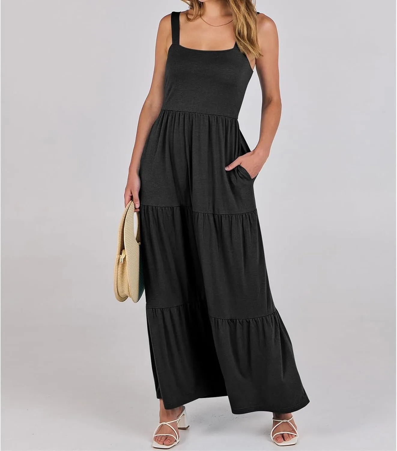 Wedding Guest Dress for Women Summer Sleeveless Tank Dress Solid Color Tiered Sundress Waist Wrop Formal Dresses