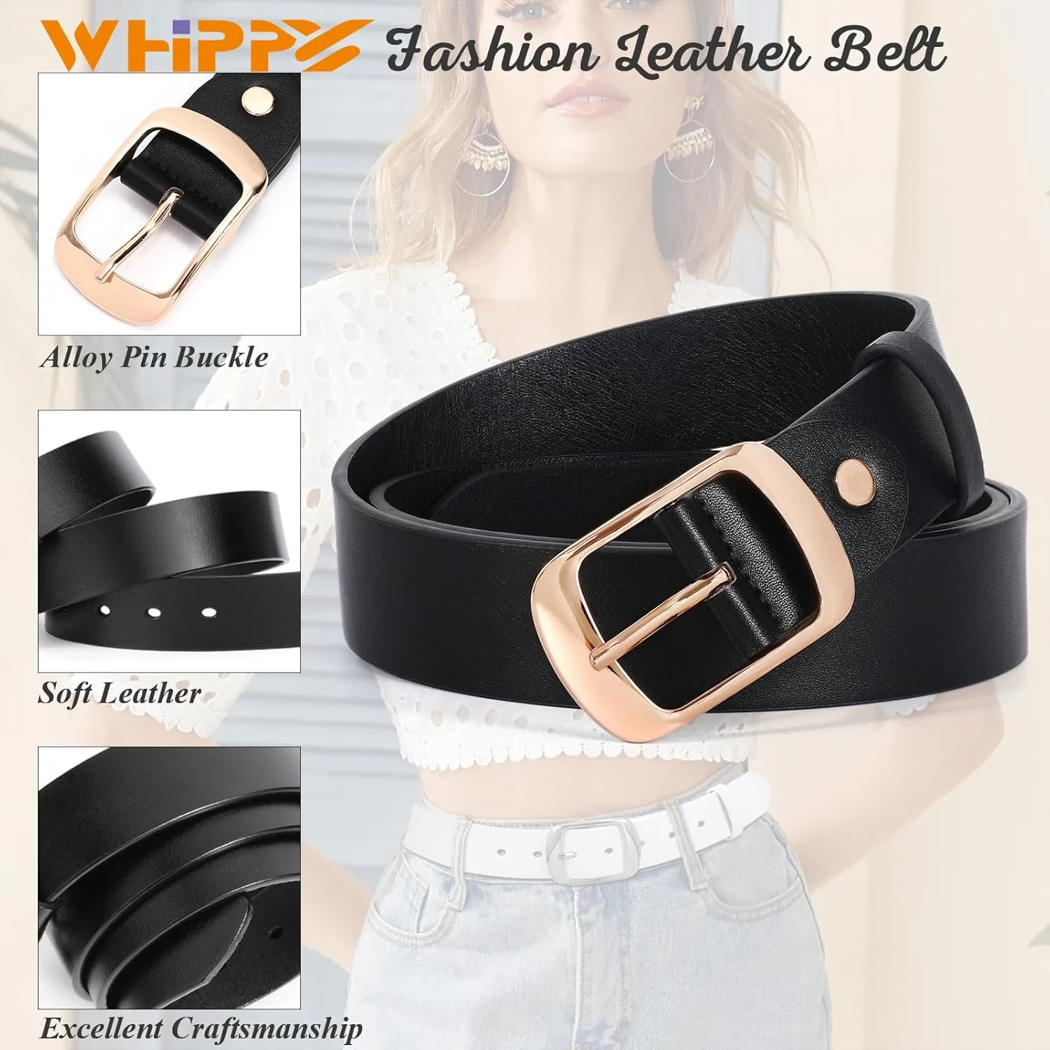WHIPPY Women Leather Belts for Jeans Pants Fashion Dress Belt for Women with Solid Pin Buckle