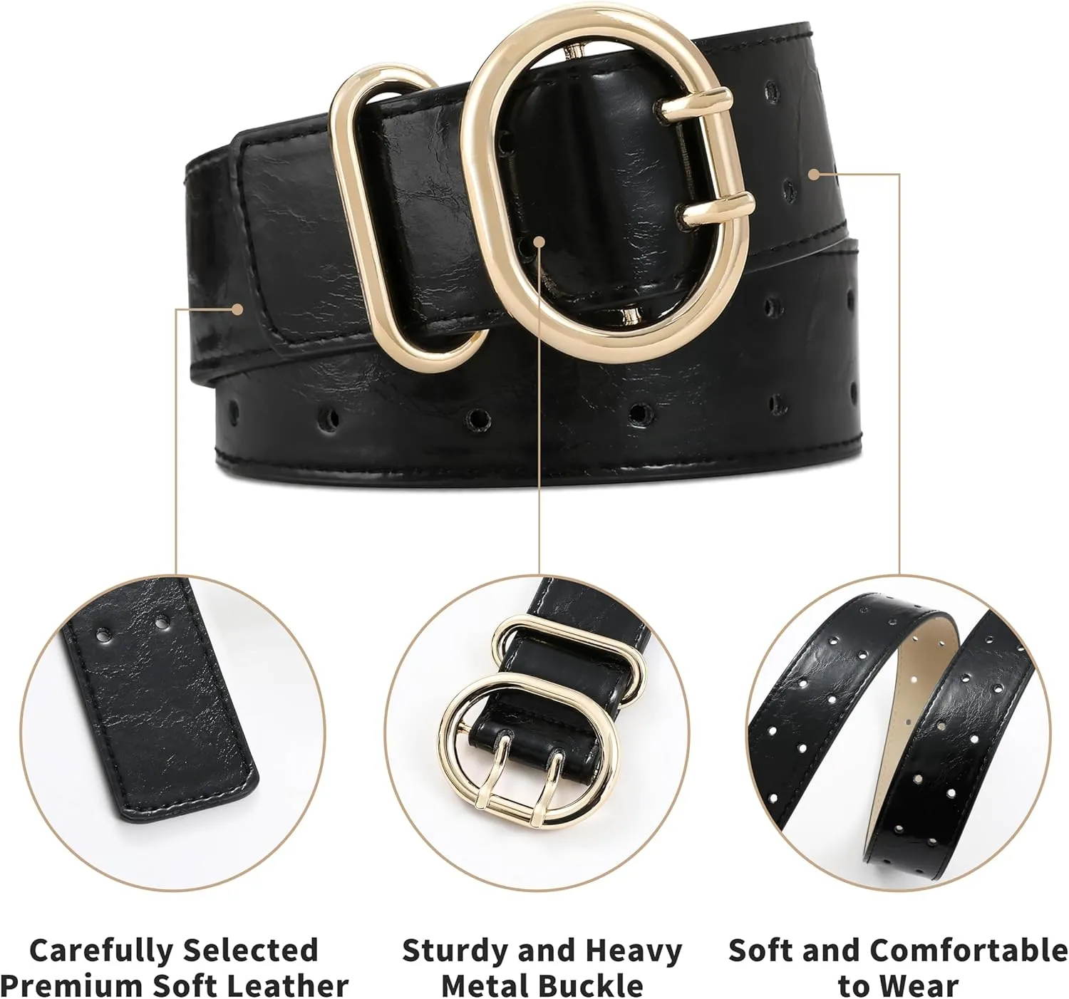 Wide Belts for Women Leather Wide Belts Fashion Thick Black Belt With Gold Buckle Belt for Dresses
