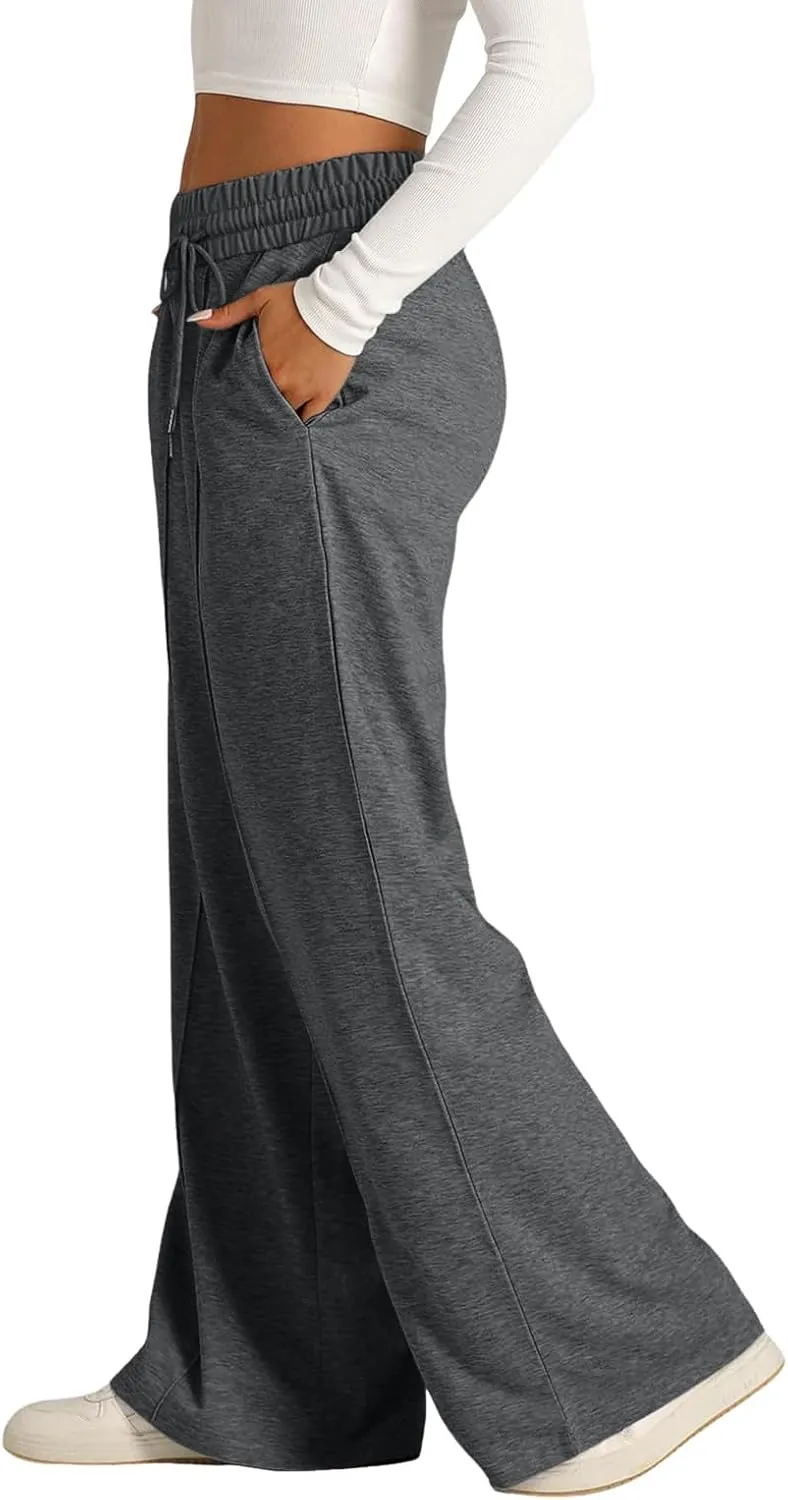 Wide Leg Baggy Sweatpants Women Drawstring High Waisted Jogger Sweat Pant with Pocket Lightweight Athletic Loose Pant