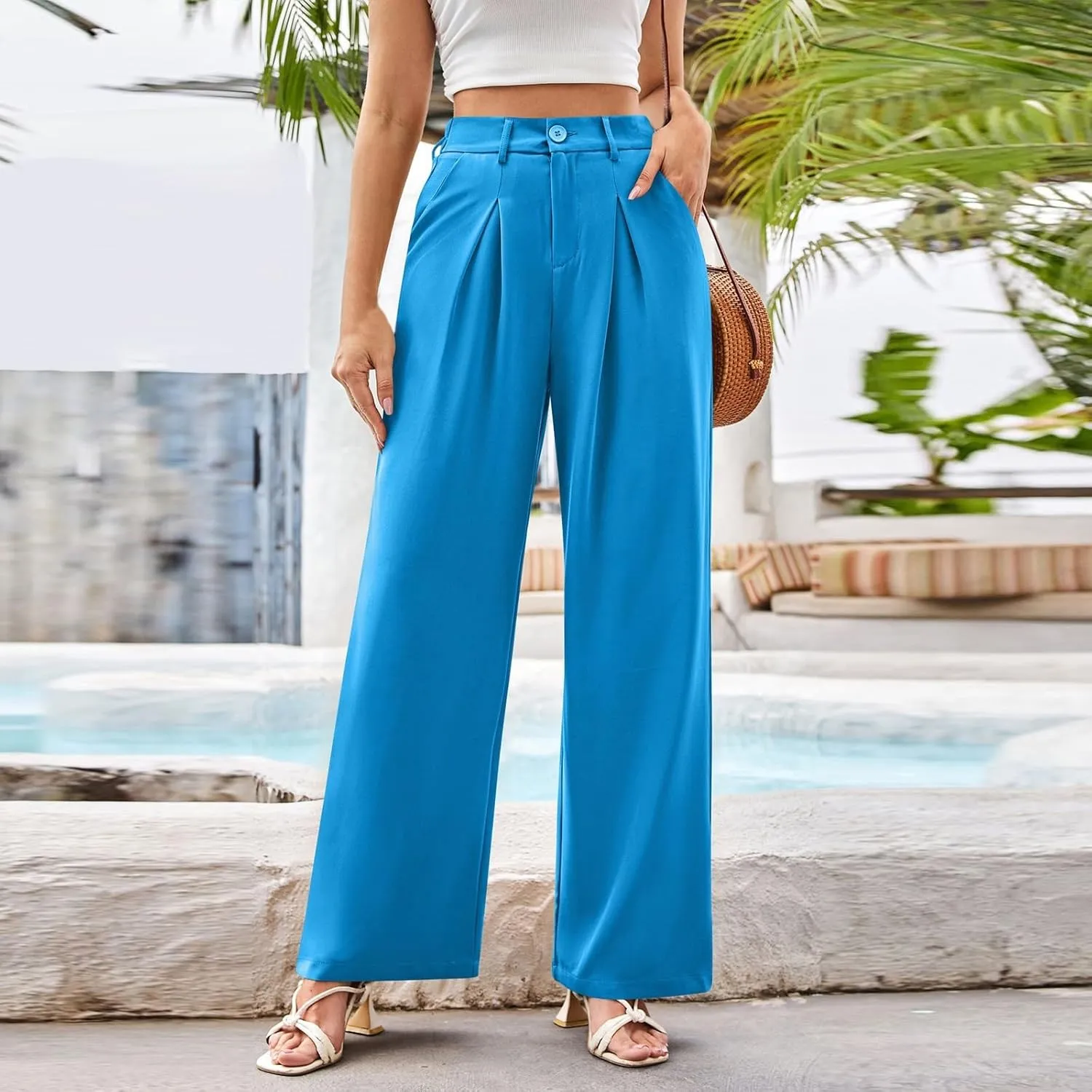 Wide Leg Dress Pants Women High Waisted Stretchy Pull On Work Pants Business Casual Office Slacks with Pockets