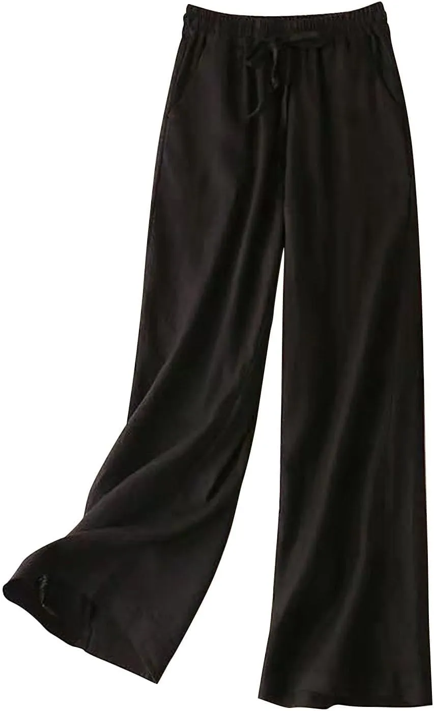 Wide Leg Linen Pants for Women Casual Drawstring Elastic Waisted Palazzo Pants Flowy Summer Beach Trousers with Pockets
