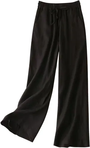 Wide Leg Linen Pants for Women Casual Drawstring Elastic Waisted Palazzo Pants Flowy Summer Beach Trousers with Pockets