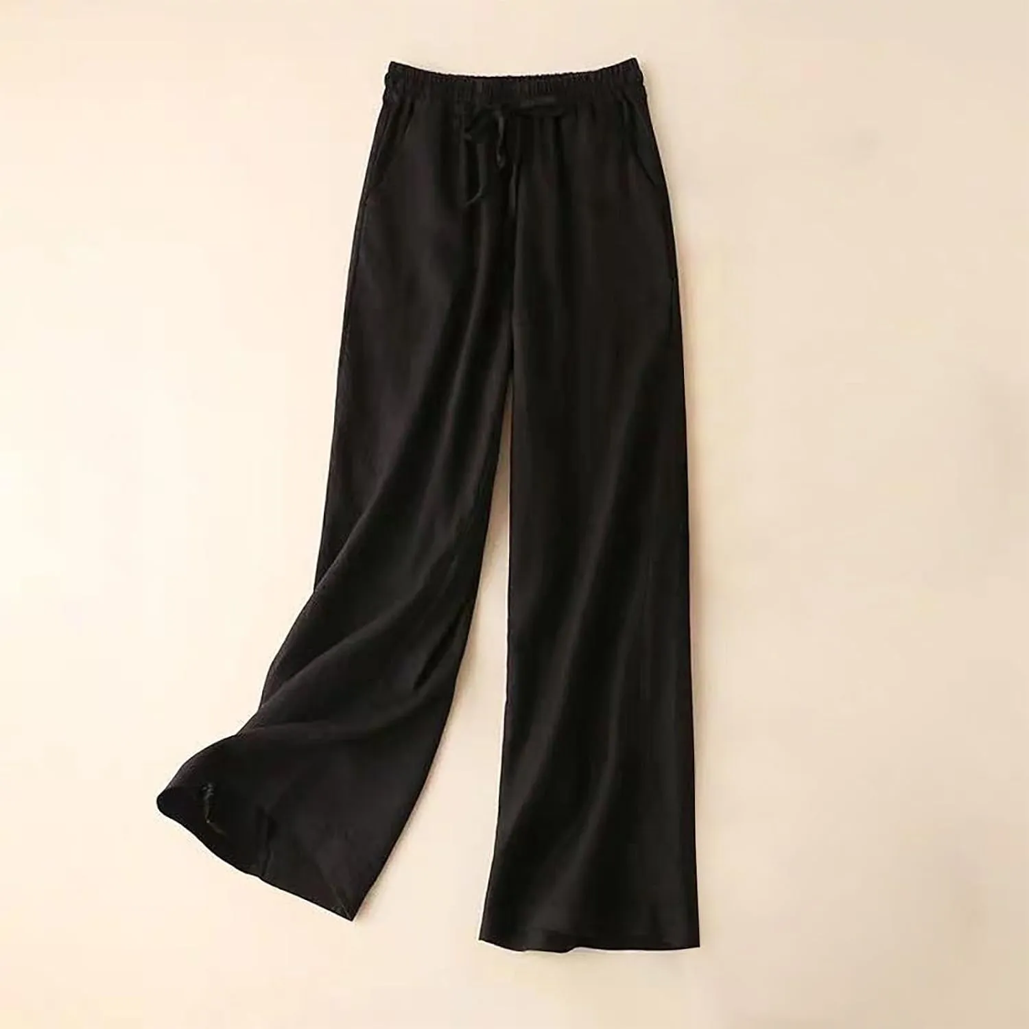 Wide Leg Linen Pants for Women Casual Drawstring Elastic Waisted Palazzo Pants Flowy Summer Beach Trousers with Pockets