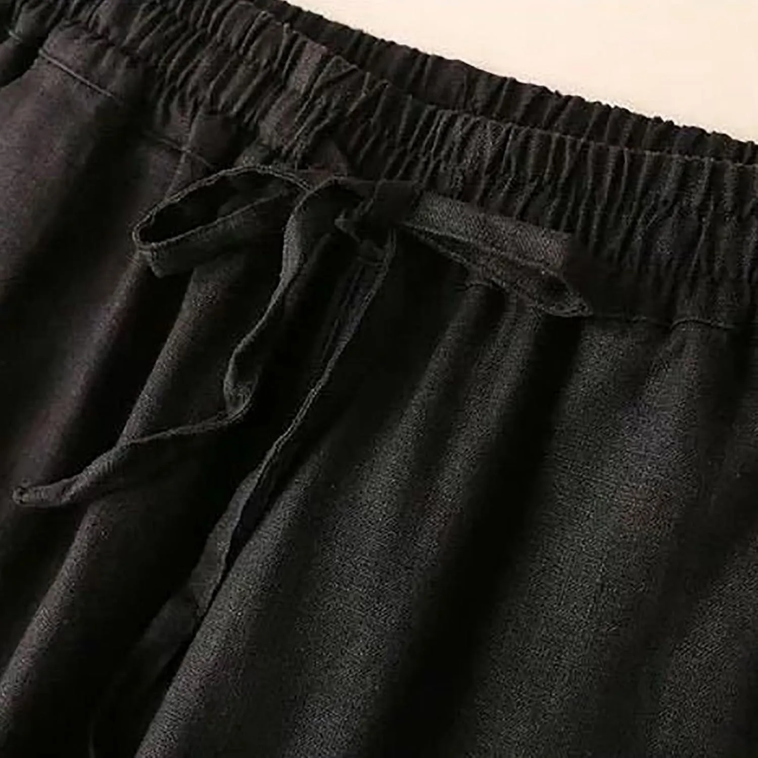 Wide Leg Linen Pants for Women Casual Drawstring Elastic Waisted Palazzo Pants Flowy Summer Beach Trousers with Pockets
