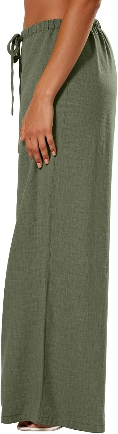 Wide Leg Linen Pants for Women Casual Drawstring Waist Palazzo Pants Lightweight Beach Trousers with Pockets