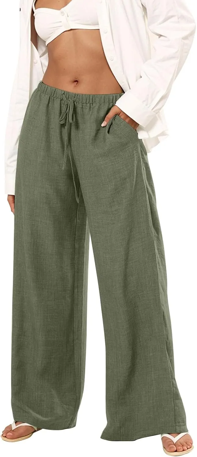 Wide Leg Linen Pants for Women Casual Drawstring Waist Palazzo Pants Lightweight Beach Trousers with Pockets